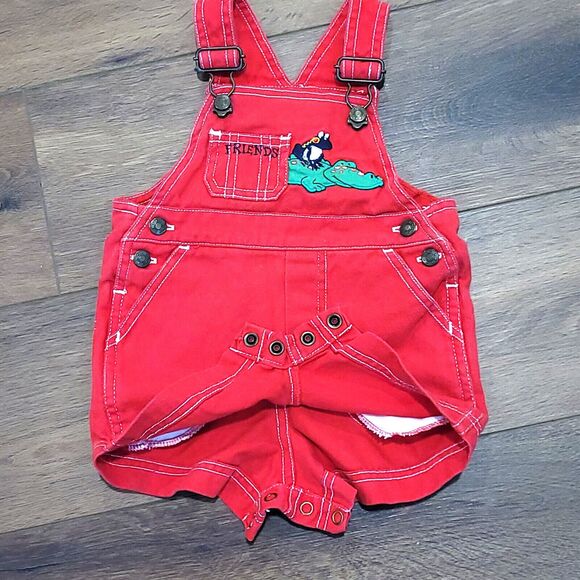 Vintage Shortalls Kids 12 M Red Overalls In Design Alligator Frog Friends Shorts - Picture 6 of 11